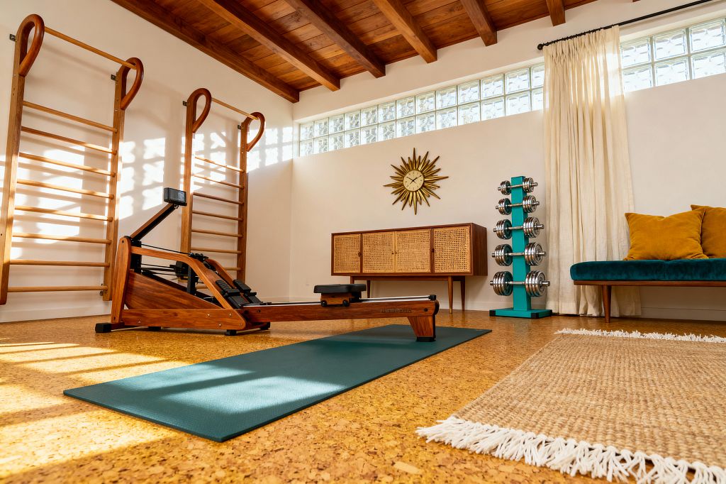 Sunlit home gym with an exposed wood-beam ceiling and cork flooring, featuring two wall-mounted wooden stall bars and a walnut-toned rowing machine on a teal mat. A mid-century credenza with cane doors sits beneath a brass starburst clock; to the right, a teal dumbbell rack holds chrome weights beside a teal upholstered bench with mustard pillows, cream curtains, and clerestory glass-block windows; a small jute rug anchors the foreground.
