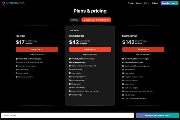 The image displays a pricing table for the Interior AI 3.0 service, outlining three subscription plans.
