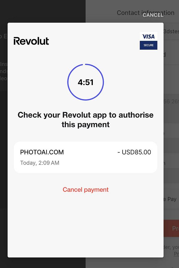 A payment authorization screen from the Revolut app for a transaction related to PHOTOAI.