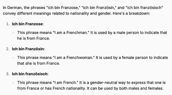 The image presents a breakdown of German phrases related to French nationality and gender.