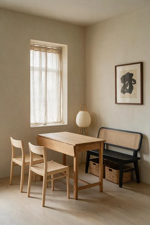 A serene Japandi dining room with a small light oak table, two woven-seat chairs, and a black bench with cane backing. Soft beige walls, a sheer curtained window, a framed abstract artwork, and a woven floor lamp create a calm, natural atmosphere.