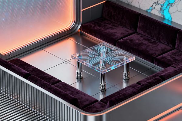 A cyberpunk living room features a built-in U-shaped sectional upholstered in deep plum velvet around a clear acrylic coffee table etched with glowing cyan circuit lines and supported by chrome cylinder legs. The floor and seating base are brushed stainless-steel panels with rounded corners and ribbed rails. A warm neon-coral wall screen illuminates cool metal, while a white marble slab shows electric blue veining, creating a sleek, futuristic lounge atmosphere.