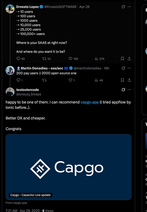 A Twitter conversation discussing user growth for SaaS and a recommendation for Capgo.