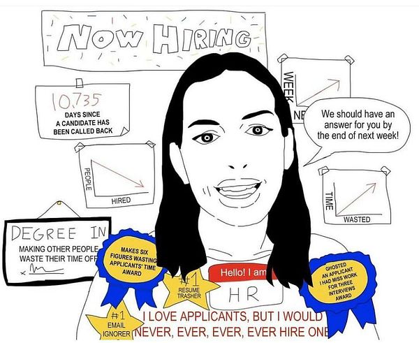 A humorous illustration depicting a hiring scenario with exaggerated elements about the recruitment process.