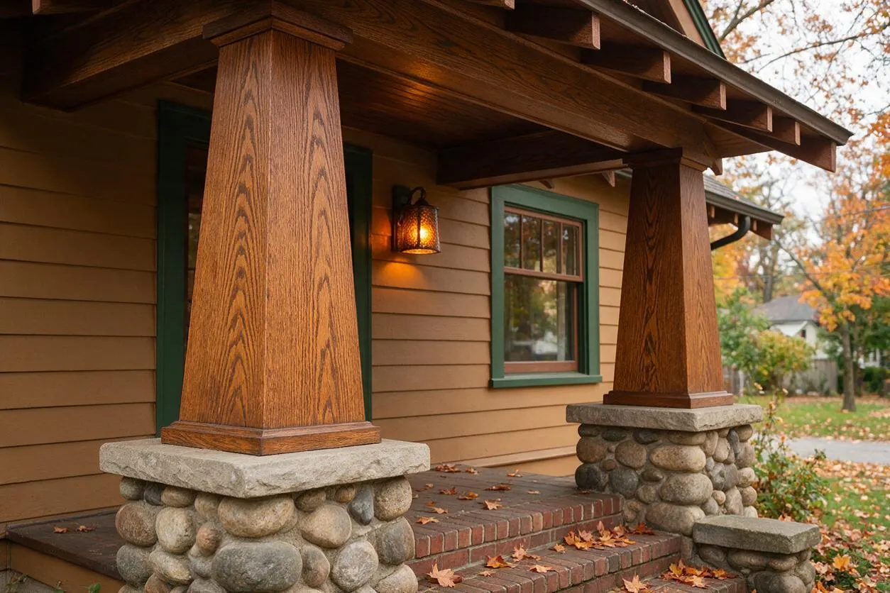 A Craftsman-style house exterior with a covered front porch supported by thick tapered wooden columns set on rounded river stone bases. The siding is warm tan with dark green window trim, and a glowing wall lantern adds a welcoming evening feel above brick steps scattered with autumn leaves.