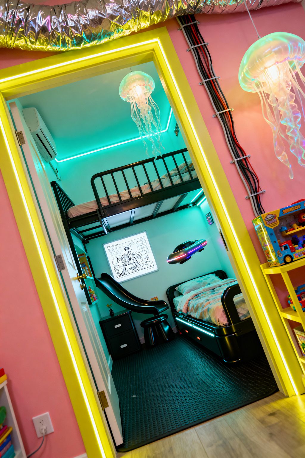 View through a yellow LED-trimmed doorway into a children’s room washed in teal neon. A black metal loft bunk with a curved slide sits above a glossy black platform bed with RGB underglow. The space shows pink walls outside, exposed red-and-black cables, a foil-wrapped duct, rubber coin flooring, translucent jellyfish pendant lights, a mini-split AC, a glowing UFO wall light, and shelves with toys.