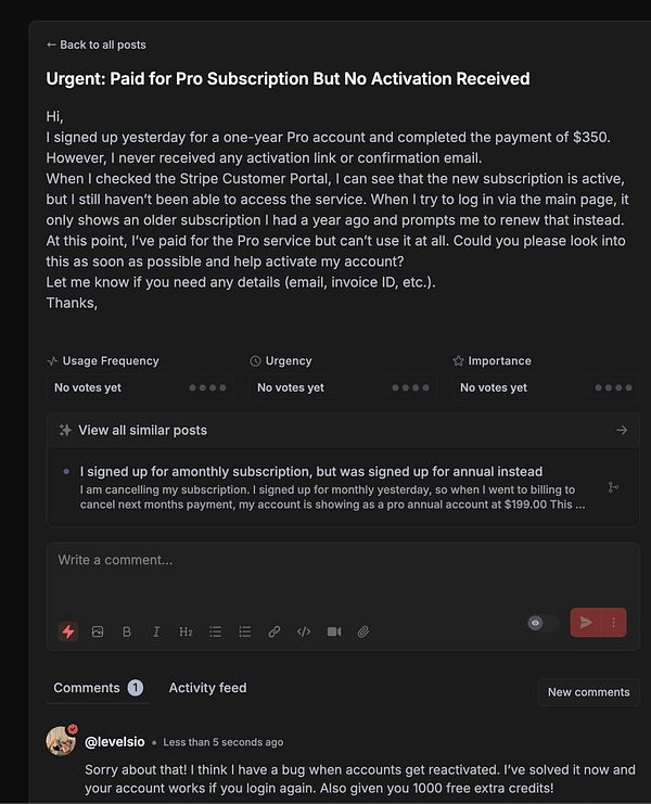 A user reports an issue with their Pro subscription activation in a customer support forum.