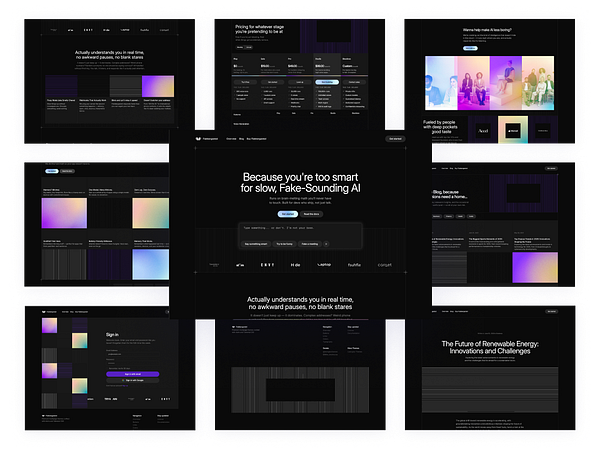 A collection of dark-mode web pages showcasing a SaaS template for AI products.