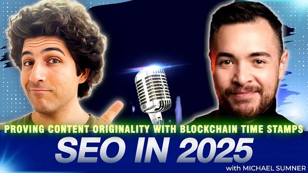 The image features two individuals discussing SEO and content authenticity in a podcast setting.