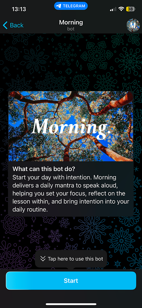 The image displays a Telegram bot interface for a morning-themed bot.