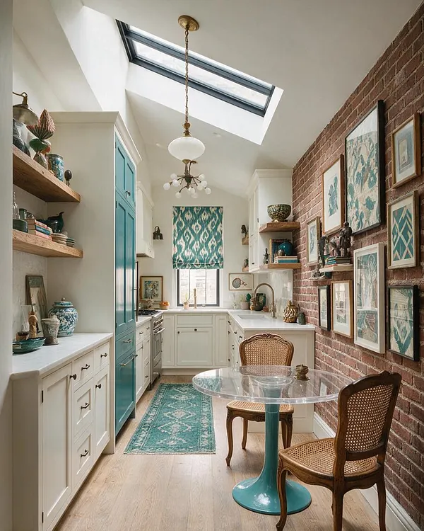 A narrow eclectic kitchen with white cabinetry, exposed red brick walls, teal built-ins, and a skylight that fills the room with natural light. A clear round dining table with cane chairs sits in the foreground, while patterned textiles, framed artwork, and open wood shelves add layered character.