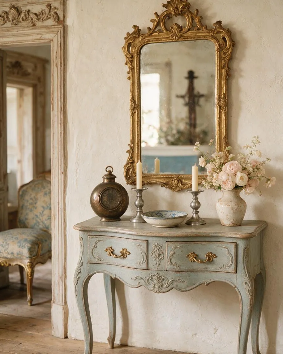 A French Country entry vignette with a distressed pale blue console table, ornate gilded mirror, and carved cream trim against textured plaster walls. The tabletop holds brass candlesticks, a round bronze vessel, a small patterned bowl, and a vase of pale flowers, with a soft upholstered chair visible through the doorway.