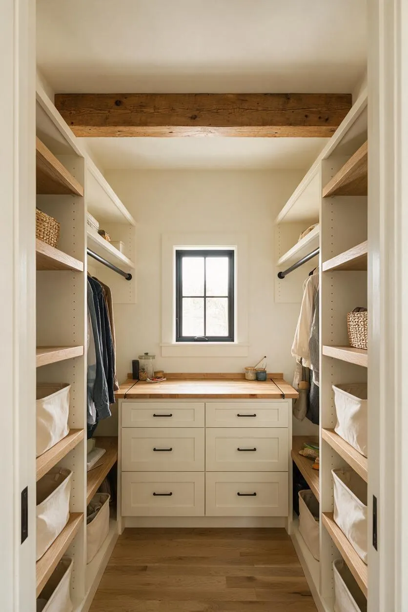 A narrow farmhouse-style closet with built-in shelving and hanging rods on both sides, white drawers at the back, and a wood countertop beneath a small black-framed window. A rustic wood beam spans the ceiling, and the space is finished in soft white walls, natural wood shelving, and woven storage baskets.