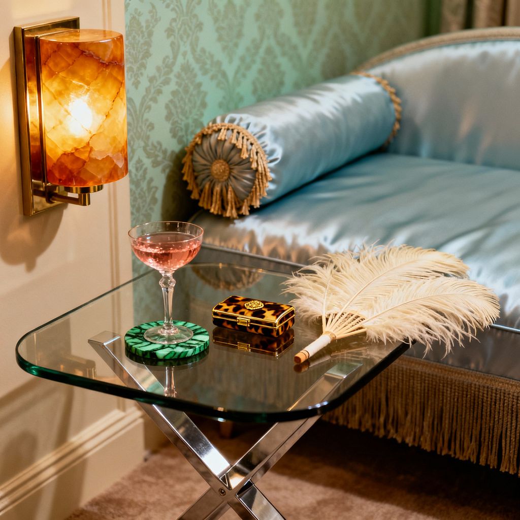 A close-up of a vintage glam living room shows a pale aqua damask wall beside a satin powder-blue chaise with bullion fringe and a round tasseled bolster. A warm honey onyx wall sconce with brass mount glows above a glass-topped, chrome X-base side table. On the table sit a coupe of pink drink on a malachite coaster, a tortoiseshell box, and an ivory-toned ostrich feather fan, all set over a soft beige carpet.
