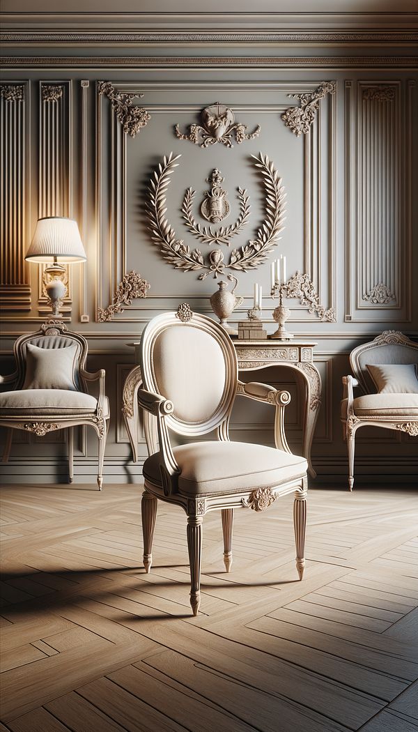 An elegant living room featuring Louis XVI style furniture, with a focus on a chair characterized by straight, tapered legs, fine craftsmanship, and classical motifs such as a laurel wreath.