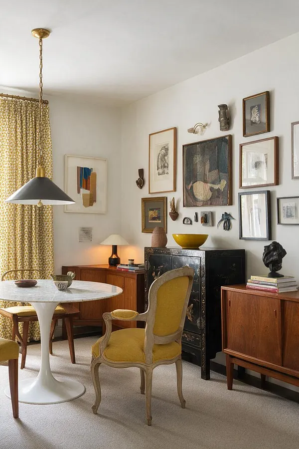 An eclectic dining room with a round white tulip table, mixed vintage chairs with yellow upholstery, and a wall filled with framed art and small collected objects. Patterned yellow drapes, warm wood cabinets, a black decorative cabinet, and a brass-and-black pendant light create a layered, collected look.