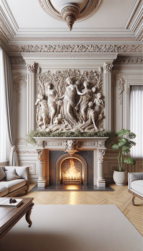 a high relief sculpture on a luxurious fireplace mantel, depicting an intricate scene with figures and foliage, situated in an elegant living room