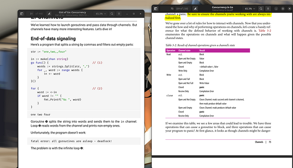 The image displays a detailed explanation of Go programming language concurrency, focusing on end-of-data signaling and channel operations.