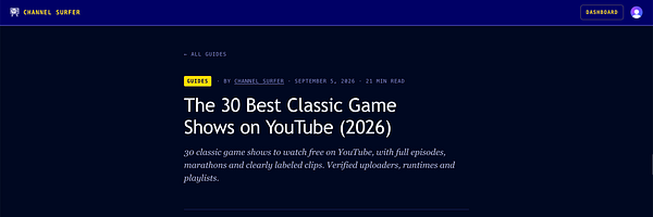 A streaming guide interface listing classic game shows available on YouTube with thumbnail previews and descriptions.