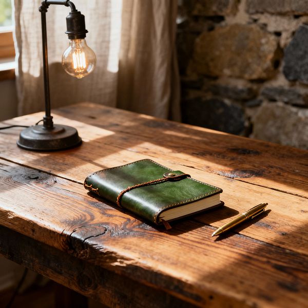 A rustic home office scene shows a thick reclaimed-wood desk with visible knots and wear, lit by an industrial table lamp with an exposed Edison bulb. A green leather notebook with tan stitching and a brass pen rest on the surface, while a natural linen curtain filters daylight beside a rough fieldstone wall, casting warm shadows across the tabletop.
