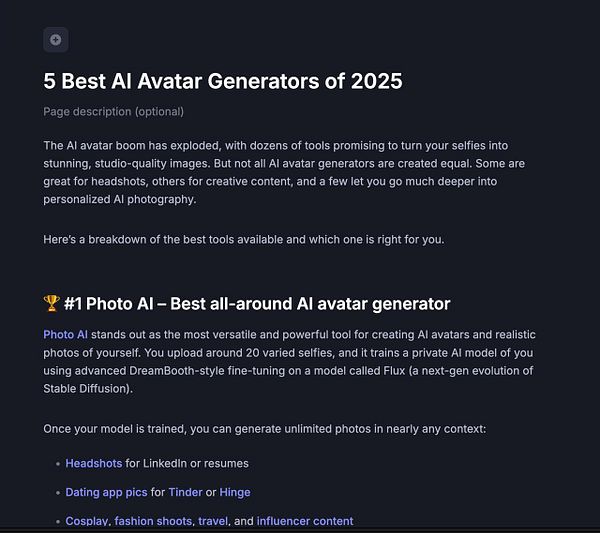 The image displays a webpage outlining the top AI avatar generators for 2025, focusing on Photo AI as the best option.