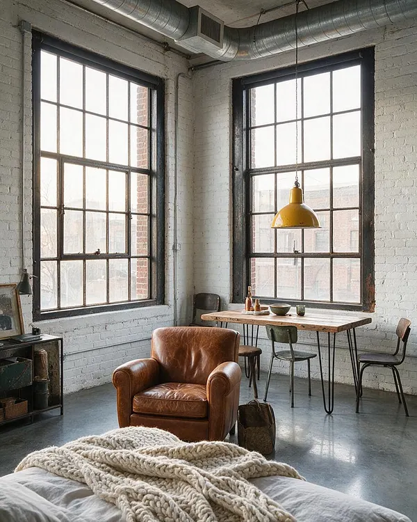 A loft-style studio apartment with white painted brick walls, tall black-framed industrial windows, and exposed silver ductwork along the ceiling. The room includes a brown leather armchair, a rustic wood dining table with mixed metal chairs, a yellow pendant light, and a bed in the foreground with a chunky cream knit throw.