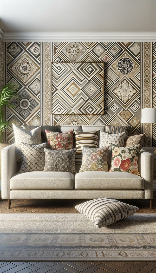 A cozy living room with bold geometric patterned wallpaper acting as a focal point, accompanied by a mix of floral and striped patterned throw pillows on a neutral-colored sofa.