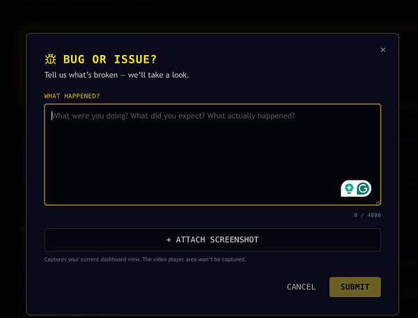 Bug report form displayed on a user's dashboard with fields for title, description, reproduction steps, severity, and attachment options.