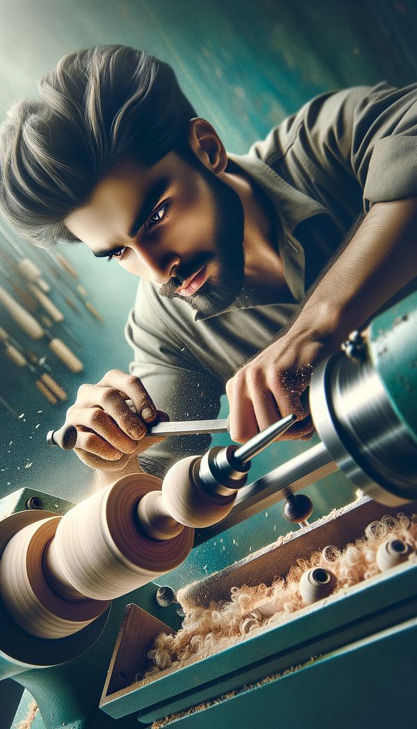 A close-up photo of a craftsman turning a piece of wood on a lathe, producing a beautifully detailed work of art.