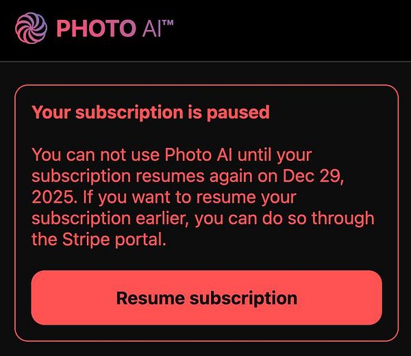 The image displays a subscription status notification for the Photo AI service.