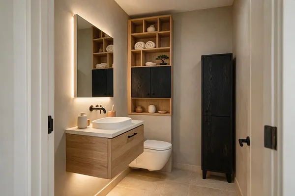 A compact Japandi bathroom with a floating oak vanity, white vessel sink, and matte black faucet beneath a softly lit mirror. Open wood shelving with dark cabinet doors stores rolled towels and decor, while a tall black storage cabinet stands beside a wall-mounted toilet in a calm beige and natural wood palette.