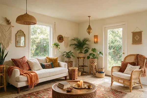 A sunroom styled in bohemian decor with a cream sofa, wicker chair, and round carved wood coffee table. Natural light fills the room through two large windows and a glass door, highlighting woven wall hangings, hanging plants, indoor greenery, jute rugs, and earthy-toned pillows.