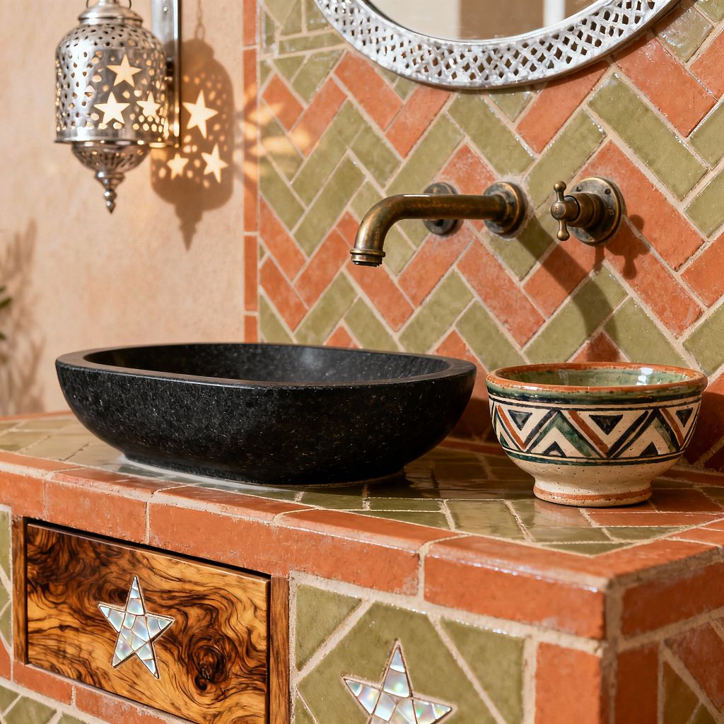 Close-up of a Moroccan-style kitchen sink vignette featuring a matte black stone vessel on a counter and backsplash clad in terracotta and olive zellige arranged in herringbone. A wall-mounted aged-brass spout with cross handles sits below a round mirror with a pierced frame. At left, a perforated metal lantern casts star-shaped shadows, while a burl wood drawer with mother-of-pearl star inlay and a hand-painted ceramic bowl add artisanal detail.