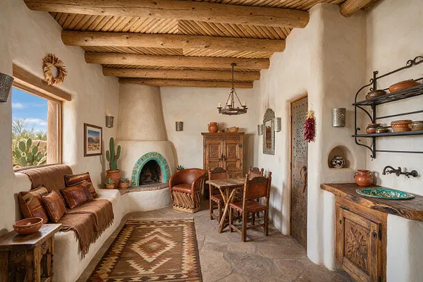 A cozy Southwestern studio apartment with white adobe-style walls, exposed wood ceiling beams, a turquoise-tiled fireplace, and rustic wood furniture. The space includes leather seating, a patterned woven rug, pottery accents, and open wall shelving with earthenware dishes.