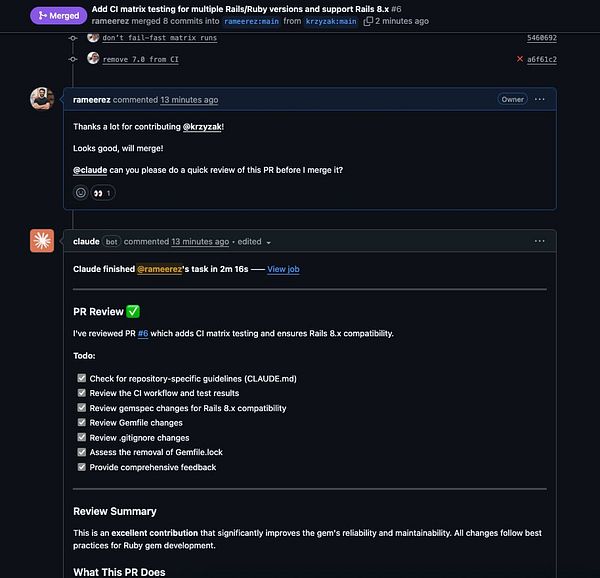A GitHub pull request discussion regarding a CI matrix testing update for a Ruby gem.