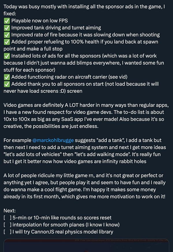 A detailed update on game development progress with a focus on sponsor ads and gameplay improvements.