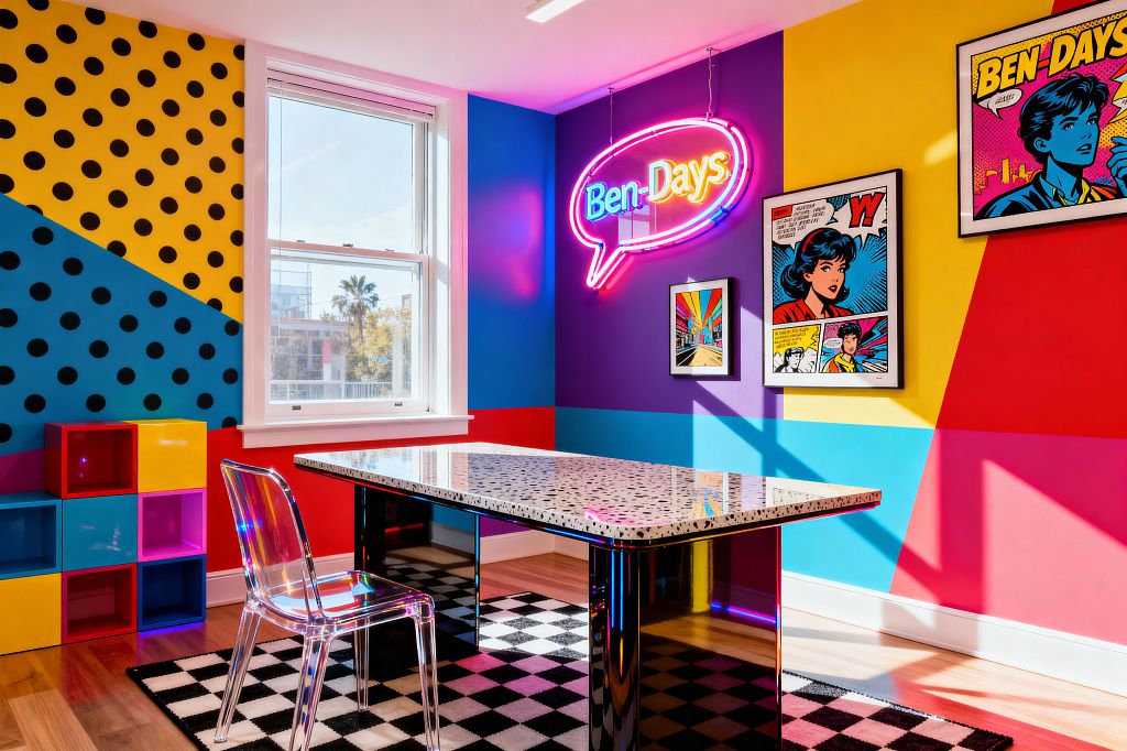 A vibrant home office with color‑blocked walls in yellow, red, purple, blue, and cyan, including a yellow wall patterned with black dots. A terrazzo desk with mirrored legs stands on a black‑and‑white checkerboard rug beside a clear acrylic chair. A neon speech‑bubble sign reading “Ben‑Days” glows above framed comic‑style artwork. A white‑trimmed window brings daylight onto light wood floors and modular cube storage in red, yellow, blue, and pink.