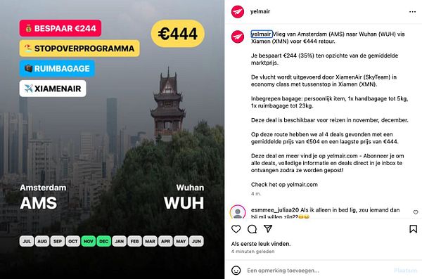 The image promotes a flight deal from Amsterdam to Wuhan via XiamenAir, highlighting savings and travel details.