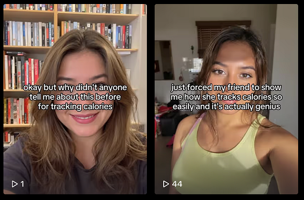The image features two TikTok video thumbnails showcasing individuals discussing calorie tracking methods.