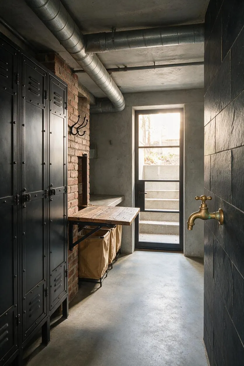 A narrow industrial basement mudroom with matte black metal lockers on the left, exposed brick and a rustic wood folding shelf beside them, and a dark tiled wall with a brass faucet on the right. Concrete floors, exposed ductwork, and a glass door with daylight create a raw, utilitarian atmosphere.