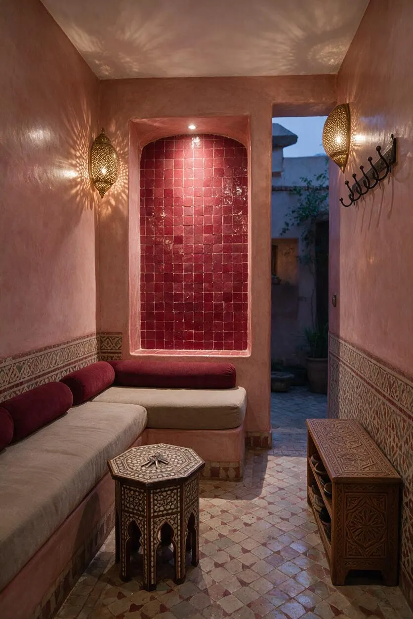 A narrow Moroccan-style entryway with pink plaster walls, a deep red zellige tile niche, and carved decorative details. Built-in seating with beige cushions and burgundy bolsters lines the left side, while perforated brass wall sconces cast patterned light across the room.