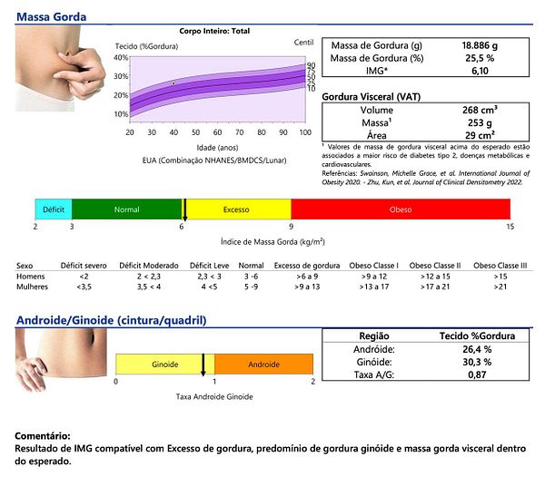 DEXA scan analysis results displayed on a computer screen with a visual body composition map and numerical data.