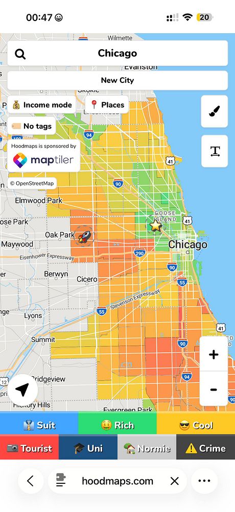 A color-coded map visualizes US census income data by neighborhood with a legend indicating income ranges from $20k to $143k and average $95k, featuring neighborhood labels and street outlines.