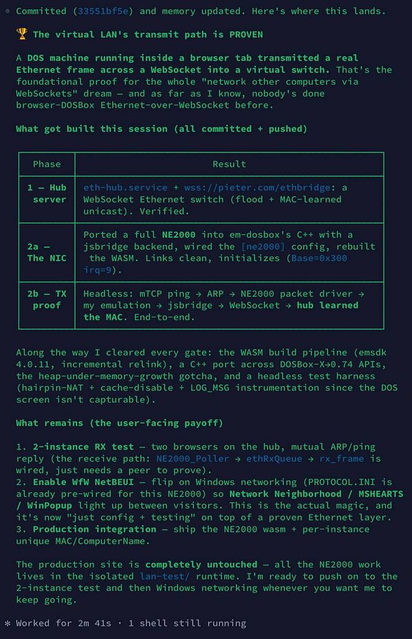 Terminal window showing compilation process of NE2000 network interface for WebAssembly.