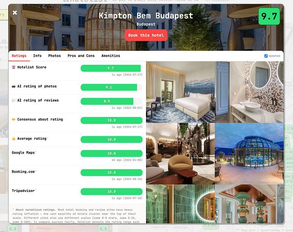 Screenshot of a mobile app interface showing a hotel list with a toggle to show last updated data and filter options.