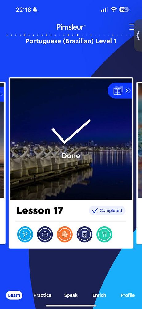 The image displays a completed lesson screen from the Pimsleur language learning app for Brazilian Portuguese.