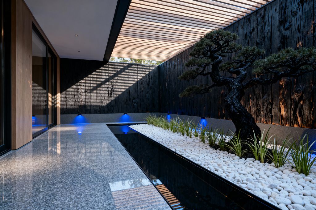 Contemporary Japanese-style courtyard where a bonsai-like pine rises from white river pebbles and tufted grasses beside a narrow black reflecting pool and polished gray granite floor. Overhead, a light-wood slatted pergola casts striped shadows onto a shou sugi ban charred wood wall accented by blue uplights, while sliding glass doors with natural wood trim open to the tranquil patio.