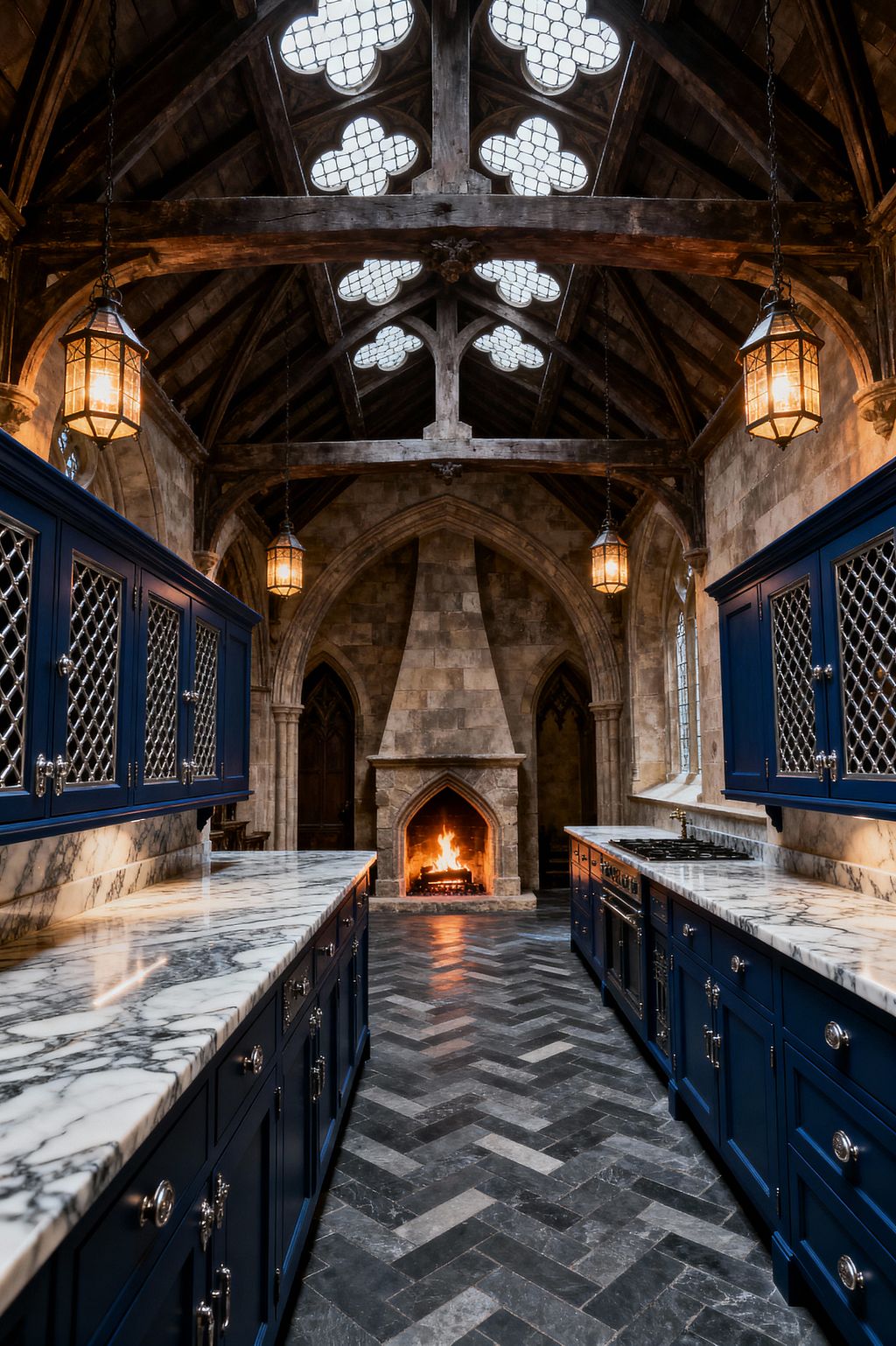 Galley kitchen set in a vaulted stone hall with a lit, pointed-arch fireplace at the end. Two runs of deep navy cabinets with metal lattice doors and polished knobs are topped with white marble countertops and matching backsplashes, flanking a charcoal herringbone stone floor; above, exposed timber trusses, quatrefoil clerestory windows, and brass lantern pendants cast a warm glow.