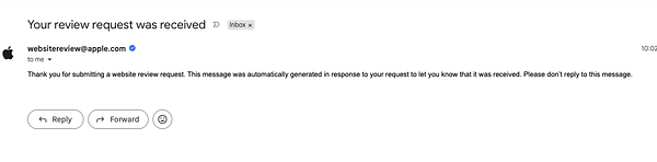 Email confirmation from Apple acknowledging receipt of a website review request.