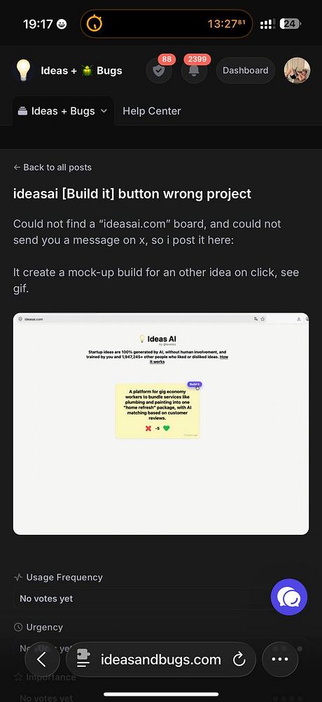 Mobile app interface displaying a card labeled 'Idea Builder' with a headline 'Think of 3 ideas' and a 'Build it' button on the bottom right.